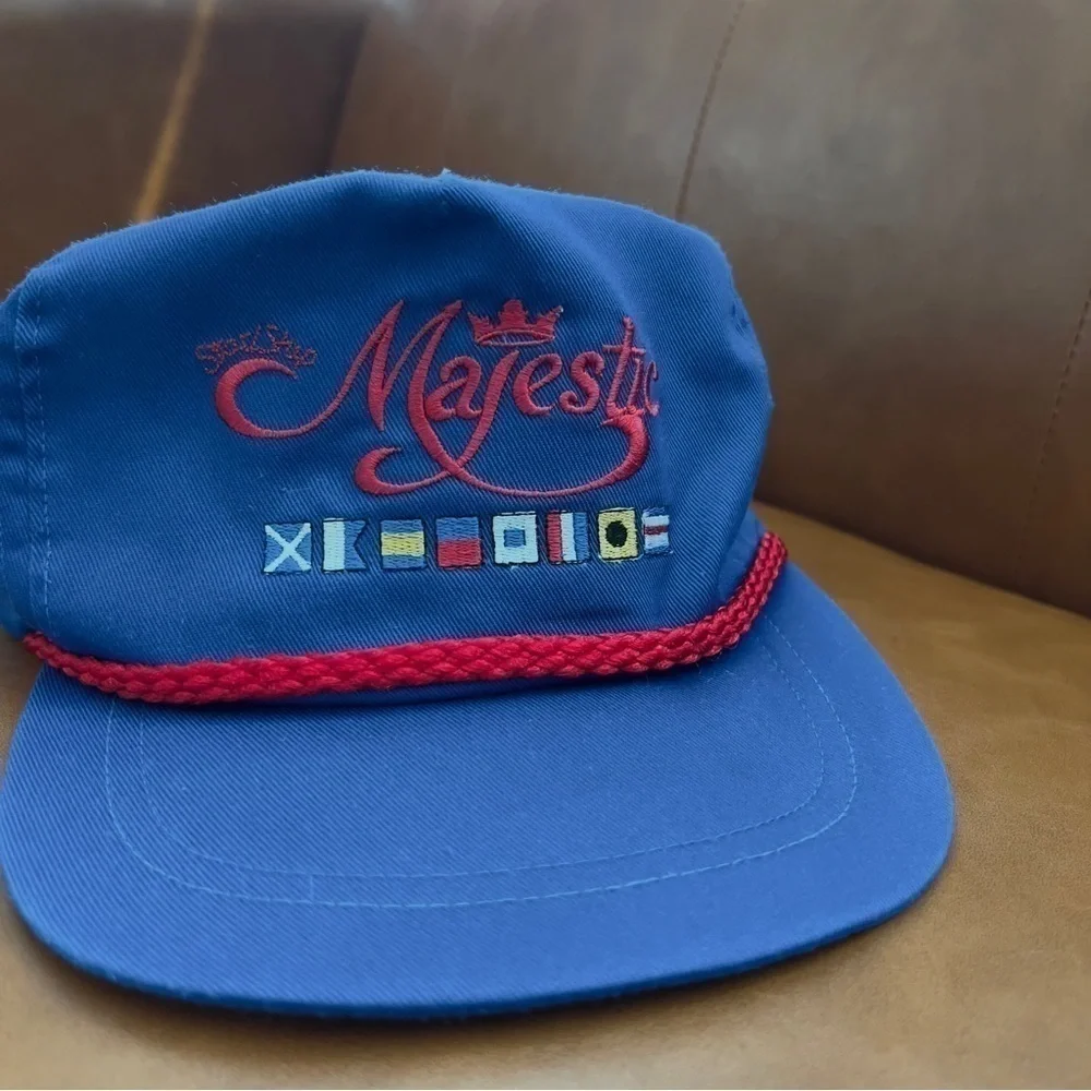 Vtg Classic Sportswear Majestic Flag Blue Roped Trucker Hat Cap Leather Strap